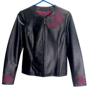 Jaclyn Smith Y2K Fairy Whismigoth Moto Bomber Floral Embroidered Leather Jacket